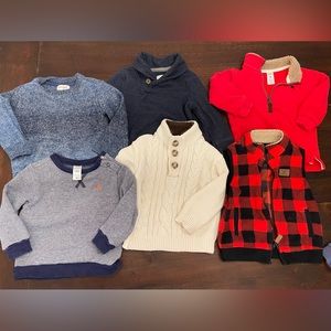 Lot of 6 toddler boy sweaters, fleece, and vest. Various brands. 18m. Like-new.